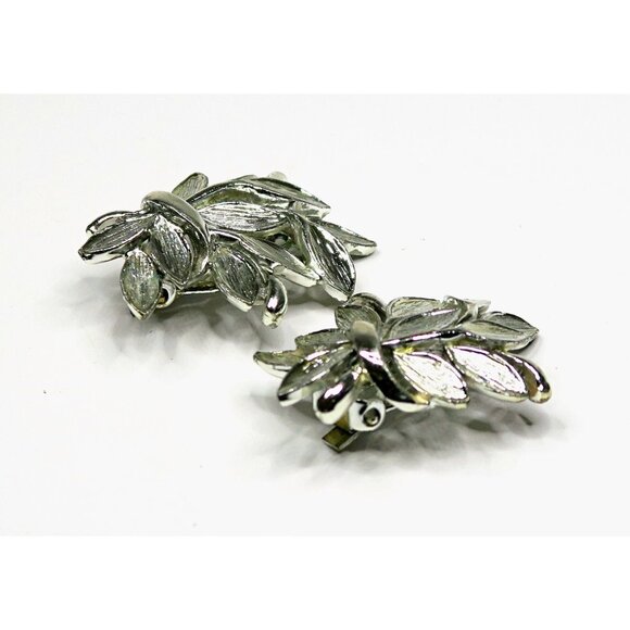 Vintage Laurel Leaf Clip-On Earrings - 1.25" Silver-Tone Mid-Century Statement - Picture 2 of 5